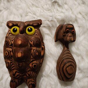 Hand Carved Cryptomeria Japan Wony Owl & Dog Figurine Set